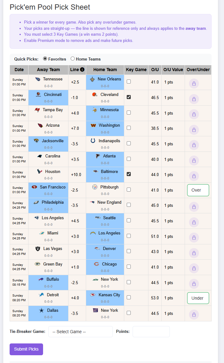 Pick'em Pick Sheet - OfficePoolStop Feature