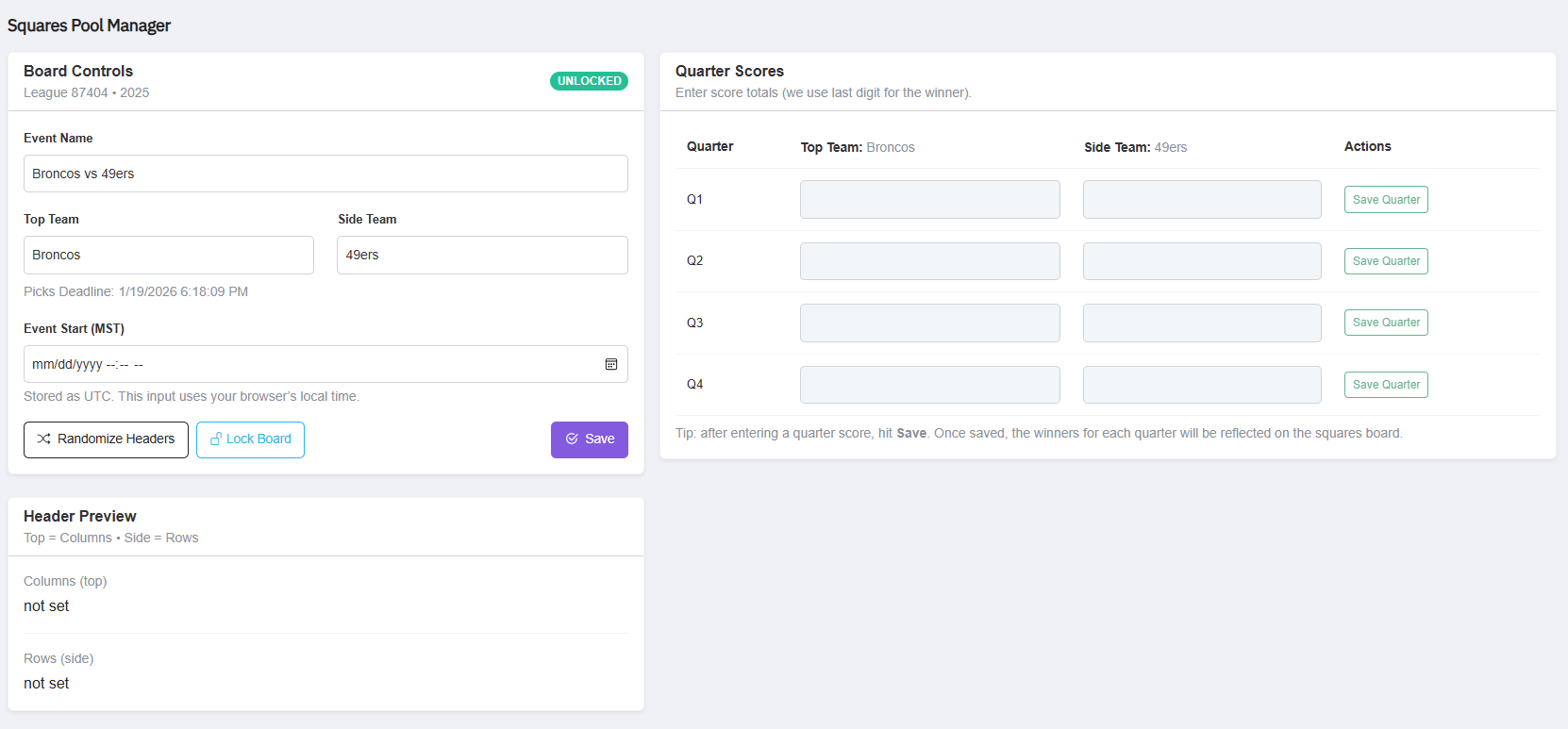 Squares Pool Manager Controls