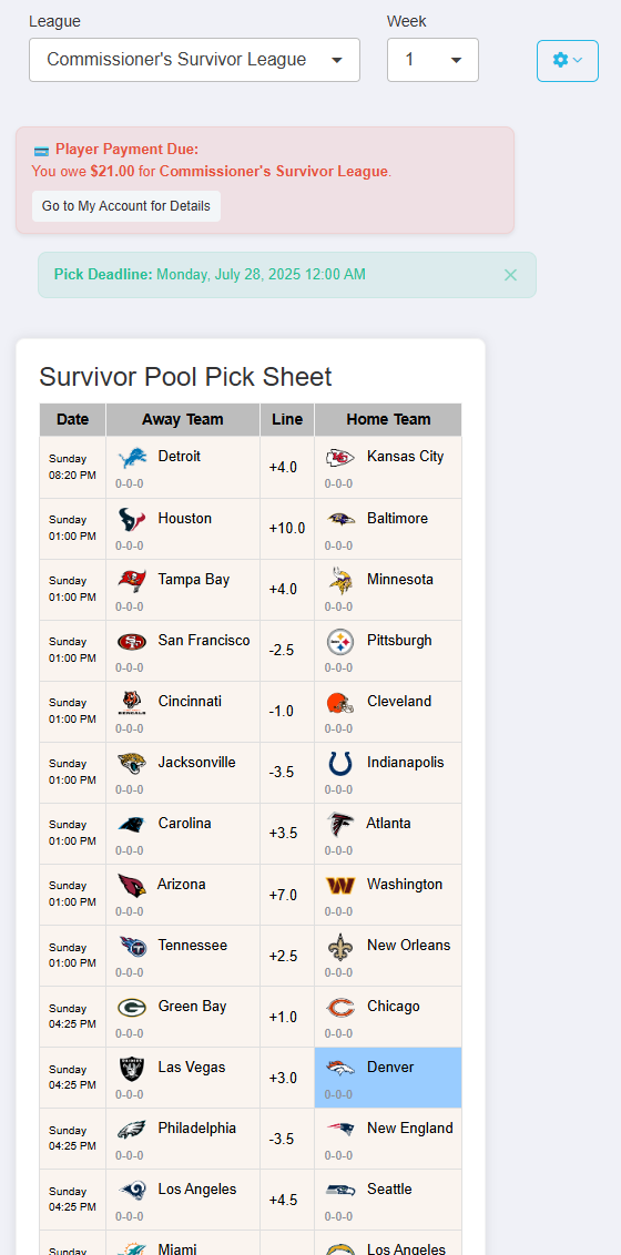 Survivor Pick Sheet - OfficePoolStop Feature