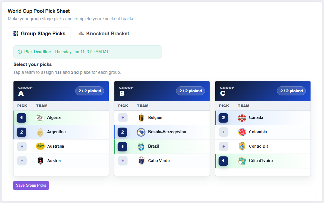 World Cup Pool Group Stage Pick Sheet Example